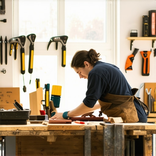 Crafting with Reclaimed Materials in a Personal Workshop A craftsman assembling furniture using salvaged wood and metal in a well-lit workshop.