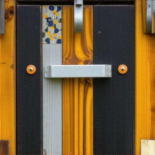 Creative reclaimed wood worm composting bin with decorative touches Reclaimed wood worm compost bin decorated with ceramic tiles and upcycled metal handles in a garden