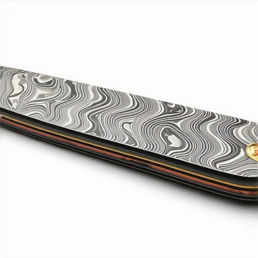 Detailed Damascus Steel Layering Close-up view of Damascus steel with complex layered patterns and contrasting alloys