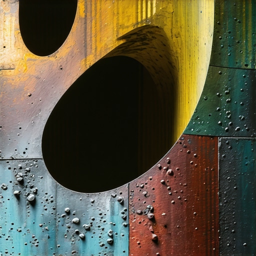 Detailed Scrap Metal Sculpture with Patina Close-up of textured scrap metal sculpture with colorful patina