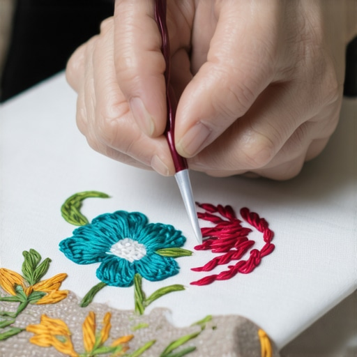 Close-up of a person stitching detailed thread painting on a textile artwork