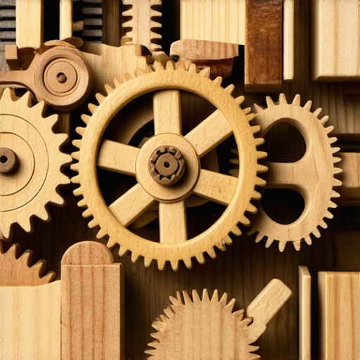 Close-up of a handcrafted wooden gear toy with levers and gears