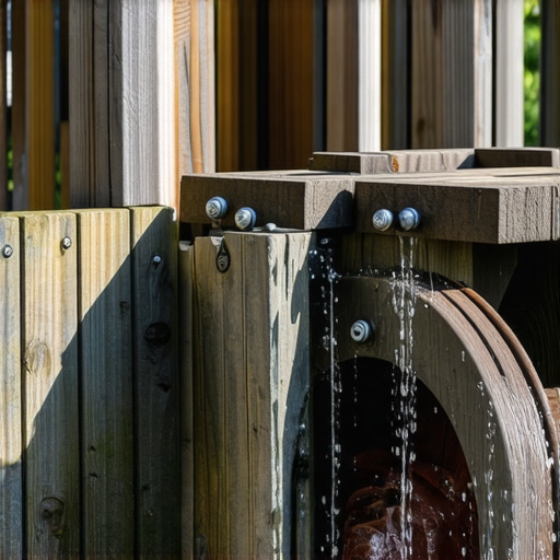 Close-up of weather-resistant wooden and metal parts used in a miniature water wheel, highlighting textures and finishes.