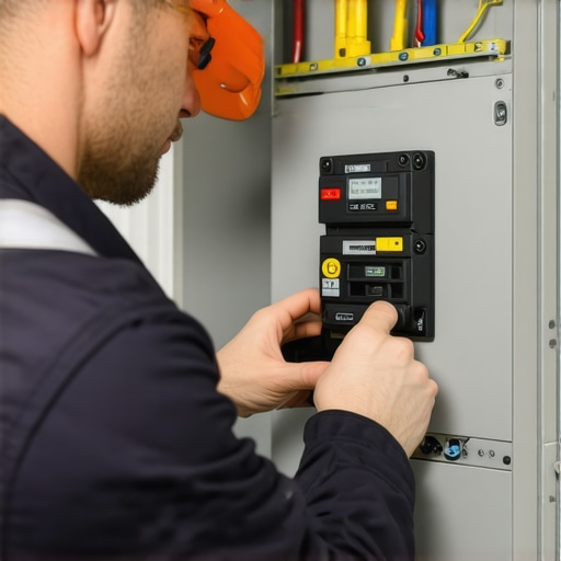 Electrician Installing Dedicated Circuit Breaker Professional electrician installing a dedicated circuit breaker in an electrical panel