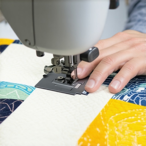 Expert Quilting in Action Close-up of hands guiding fabric through a sewing machine with detailed quilting pattern.