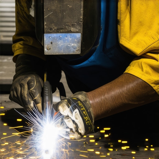 Close-up of TIG welding process on scrap metal with sparks and precision