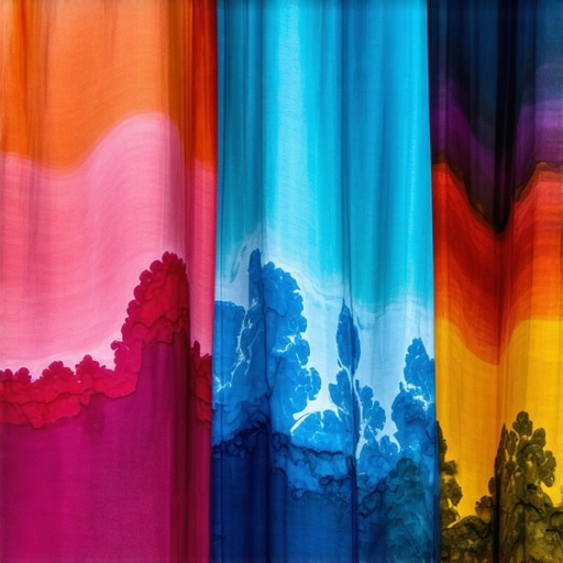 Close-up of textile with layered resist dyeing patterns showing intricate textures and vibrant colors