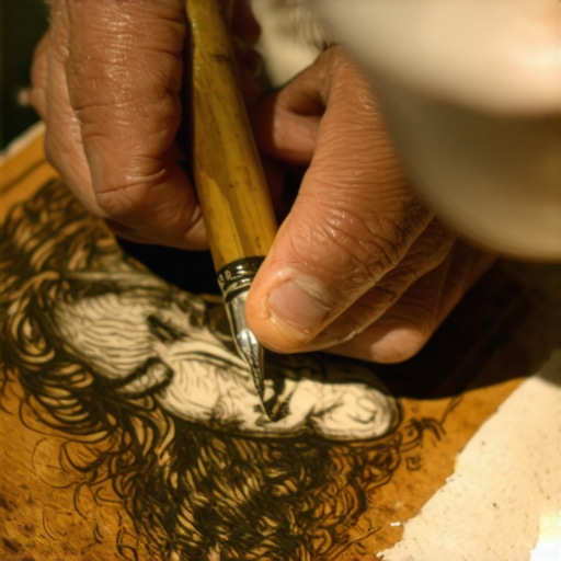 Mastering Facial Details in Photorealistic Pyrography Close-up of pyrography artist's hand with burning tool creating detailed portrait on wood