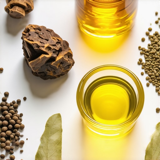 Natural perfume fixatives in a perfumer's workspace Close-up of various natural fixatives such as resins, oils, and herbs used in perfumery.