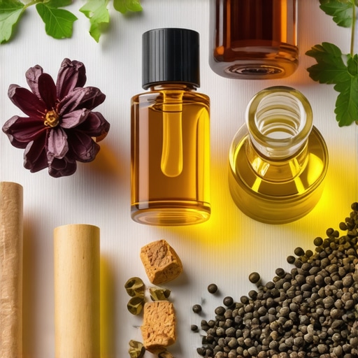Natural perfume fixatives with resins and oils Assorted natural perfume fixatives such as resins and oils arranged aesthetically for perfumery