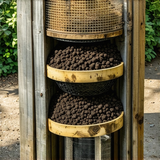 Personal Worm Composting System from Reclaimed Wood Close-up of a reclaimed wood worm composting system with multiple layers, bedding, and compost in an outdoor garden