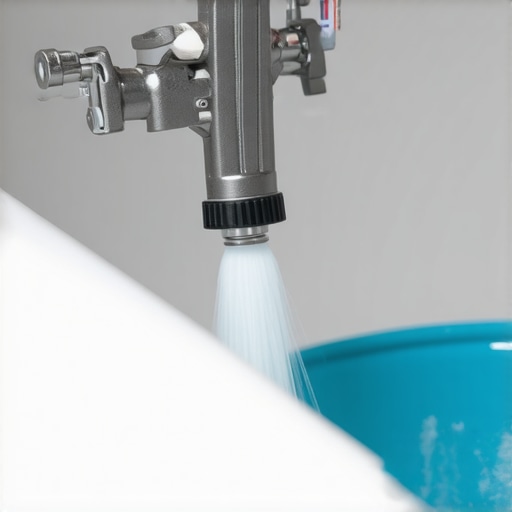 Professional DIY Bathtub Refinishing Technique Spray gun applying epoxy on a cast iron bathtub for a smooth finish