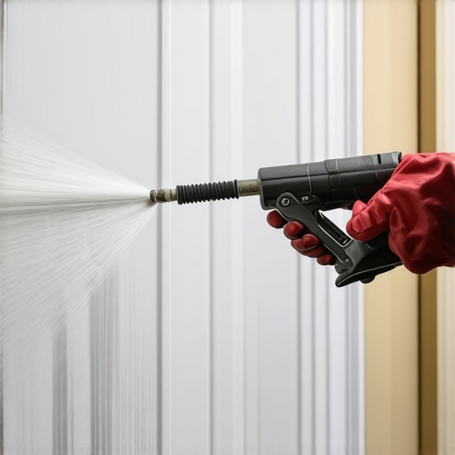 Professional Spray Gun for Texturing Close-up of a spray gun applying textured drywall compound