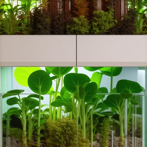 Recycled IBC tote aquaponics system with fish and greenery Recycled IBC tote used for aquaponics with fish and lush plants