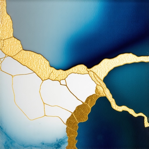 A close-up of a Kintsugi repair with gold accents highlighting the cracks in a ceramic piece.