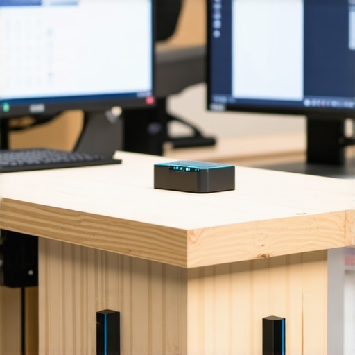 Smart Ergonomic Sensor System for Workbenches Close-up of sensors and digital dashboard monitoring posture and work surface angles on a DIY woodworking workbench.