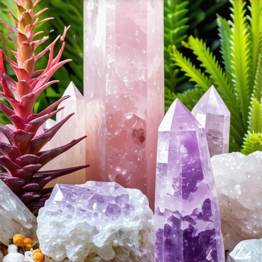 Strategic Crystal Placement in a Garden Garden with crystals strategically placed around plants to boost vitality