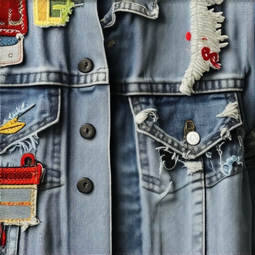 Textured Denim Upcycling Detail Close-up of a denim jacket with decorative patches and embroidery demonstrating advanced techniques.