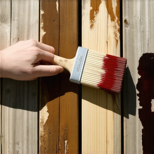 Applying Deck Stain with a Brush Person staining a wooden deck with a brush in sunlight