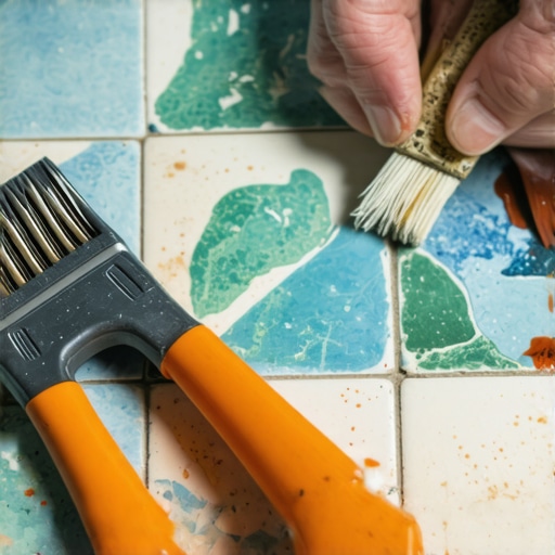 Applying Waterproof Sealant on Vintage Tiles Person applying waterproof sealant on vintage tile surface with brushes and sponge.