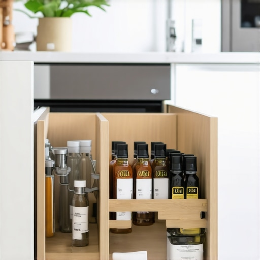 Custom Kitchen Pull-Out Shelf with Spice Racks Close-up of a modern kitchen pull-out shelf featuring spice racks and organized compartments