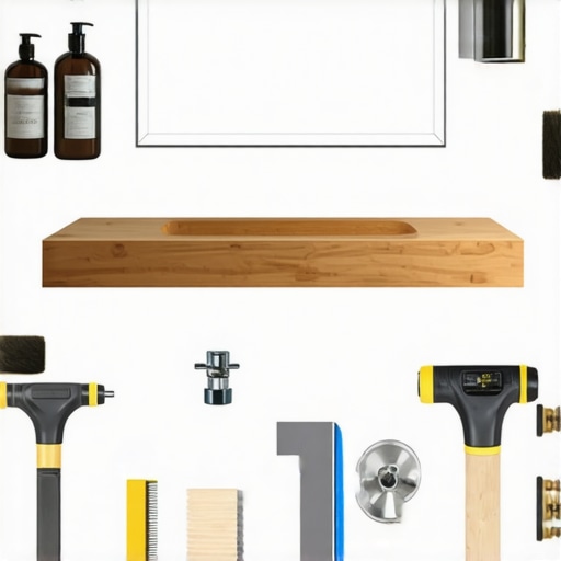 DIY Floating Vanity Assembly A person assembling a wooden frame for a floating bathroom vanity with tools on a workbench.