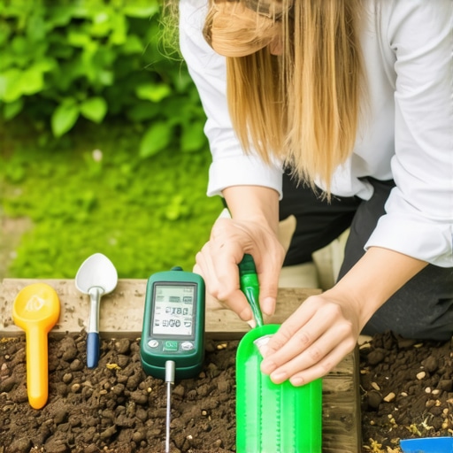 Gardener Using Soil pH Meter in Urban Garden Person testing soil pH with a digital meter in a vibrant urban garden