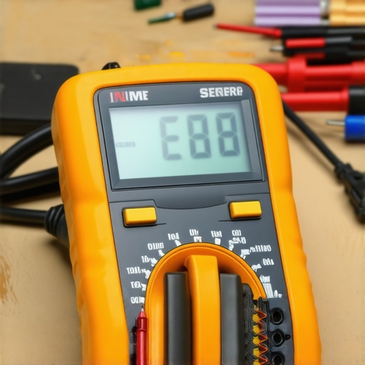 Multimeter for Electrical Maintenance Close-up of a multimeter measuring voltage in an electrical circuit.