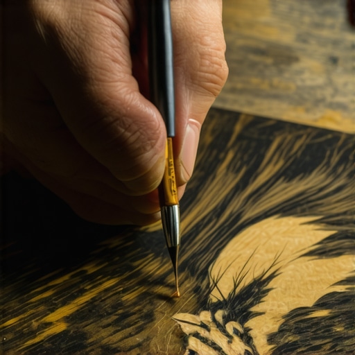 Pyrography Detail Work Close-up of artist's hand burning fine lines into wood to create realistic fur texture