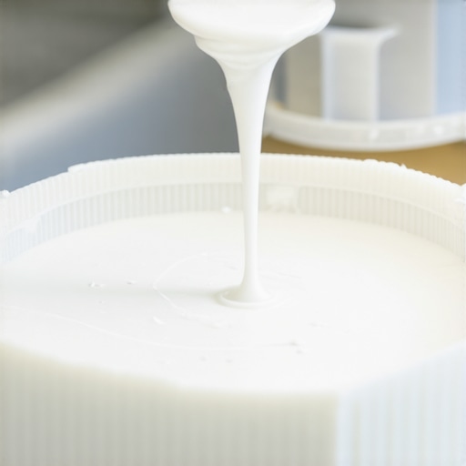 Silicone being poured into a mold container with a master model inside in a bright workshop