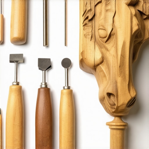 Close-up of carving tools and a detailed wooden rocking horse