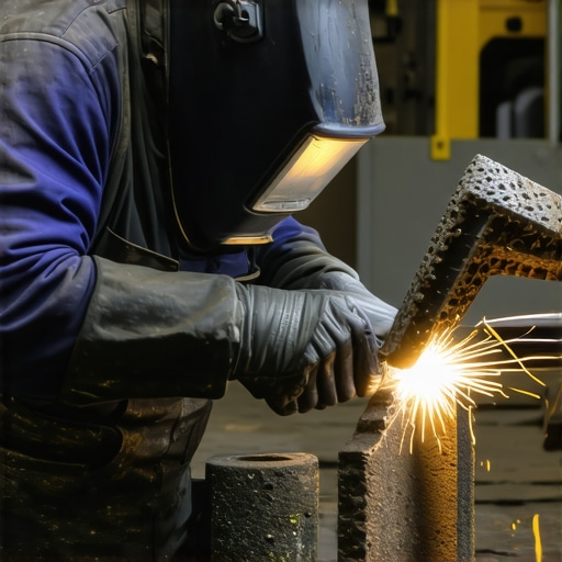 Workshop welding process for metal sculpture Welder in safety gear welding scrap metal in a workshop